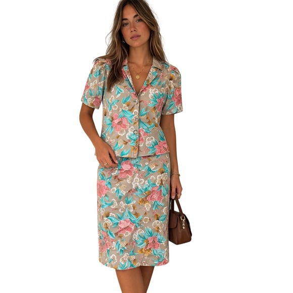 Chaus Dresses & Skirts - Chaus VTG 90s 2-Piece Set Blouse & Skirt Sz M‎ Floral Hawaiian Resortwear Wrap